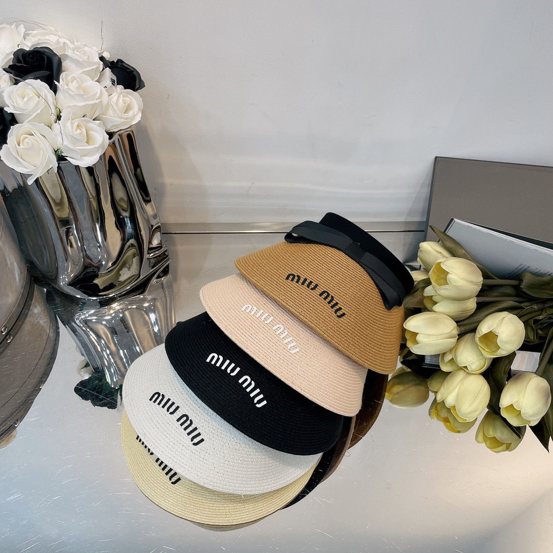 

Haute couture quality miu lettering empty top hat bow sweet hairband hat handmade fine straw hat large brim shade, No box