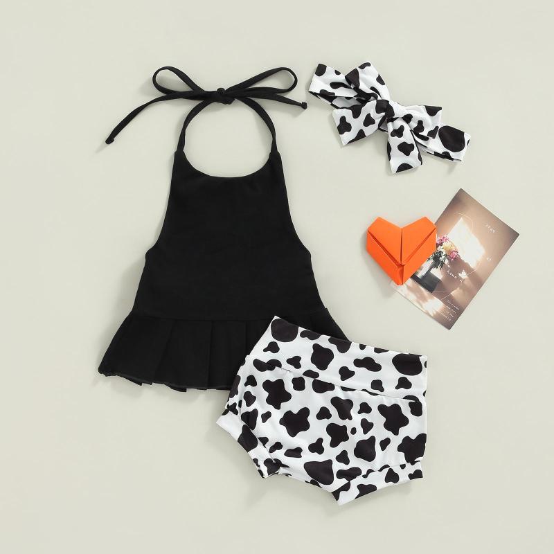 

Clothing Sets Infant Baby Girl Set 2023 Summer Solid Color Sleeveless Halter Top Printed Shorts Headband Born Clothes Outfits, Picture shown