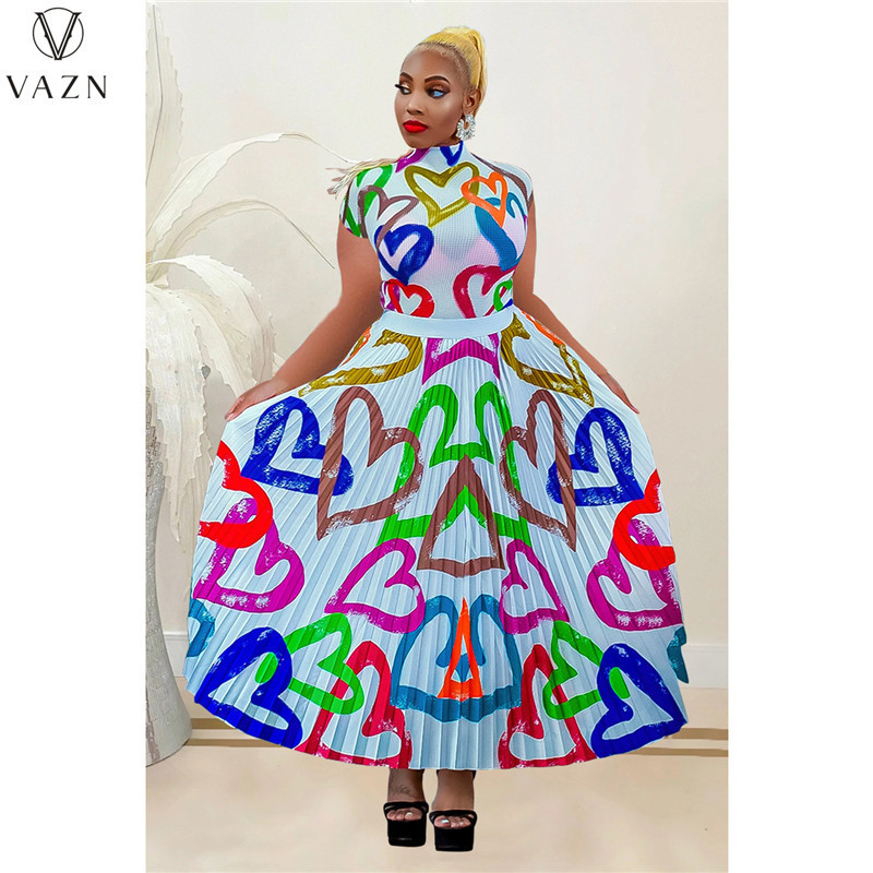 

Two Piece Dress VAZN Casual Holiday Style Short Sleeve Round Neck Top Elastic Ankle Length Skirt Printed Lady 2 Piece Sets 230509, Purple