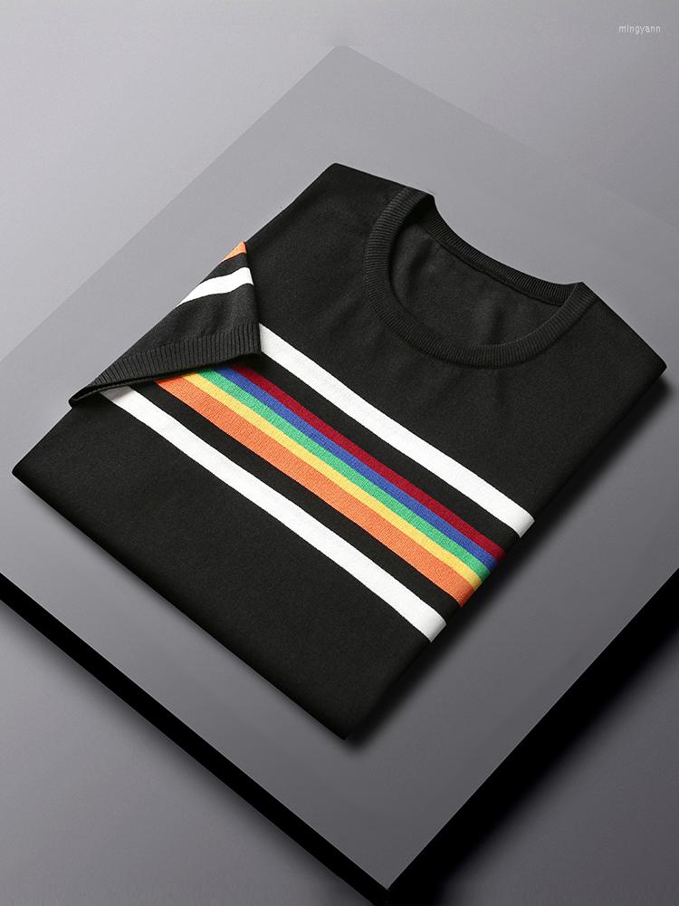 

Men's T Shirts 2023 British Style Summer Short Sleeve Knitted T-shirt Men Fashion O-Neck Stripe Slim Fit Tee High Quality Male Clothing T12, Black