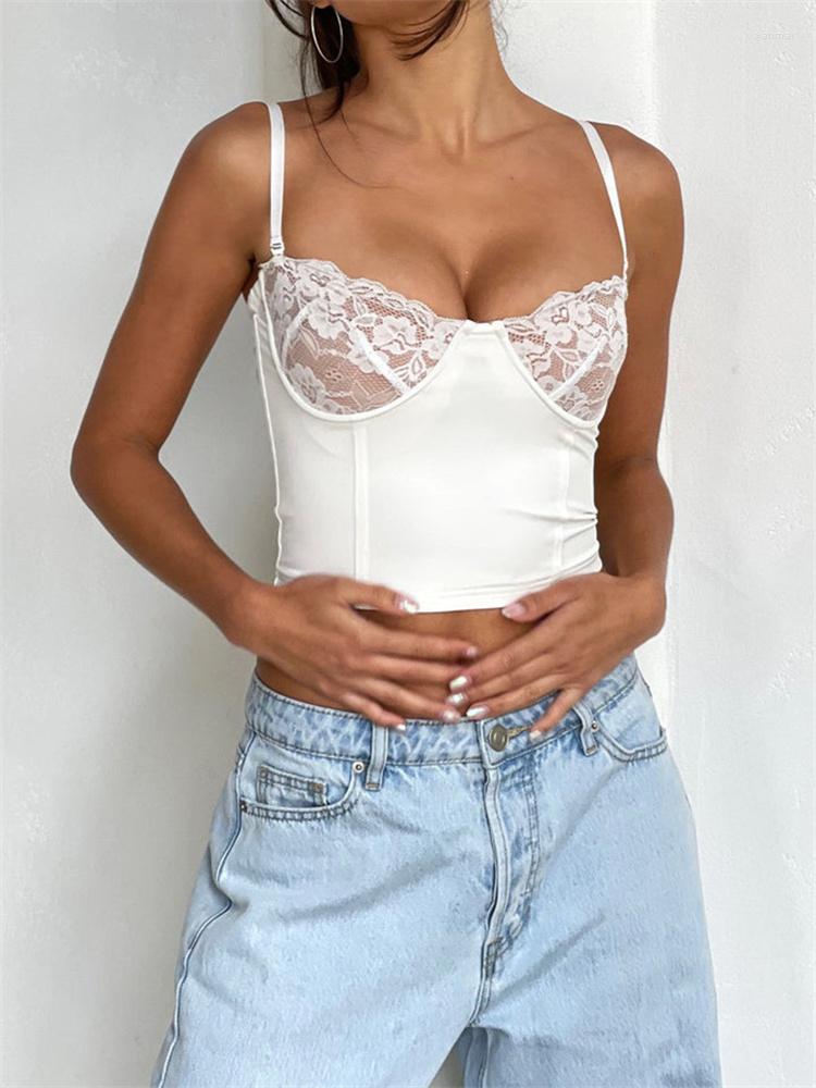 

Women' Tanks CHRONSTYLE Women Tank Tops Spaghetti Strap Camisoles Sleeveless V-Neck Lace Patchwork Cropped Summer Y2K Streetwear 2023, White