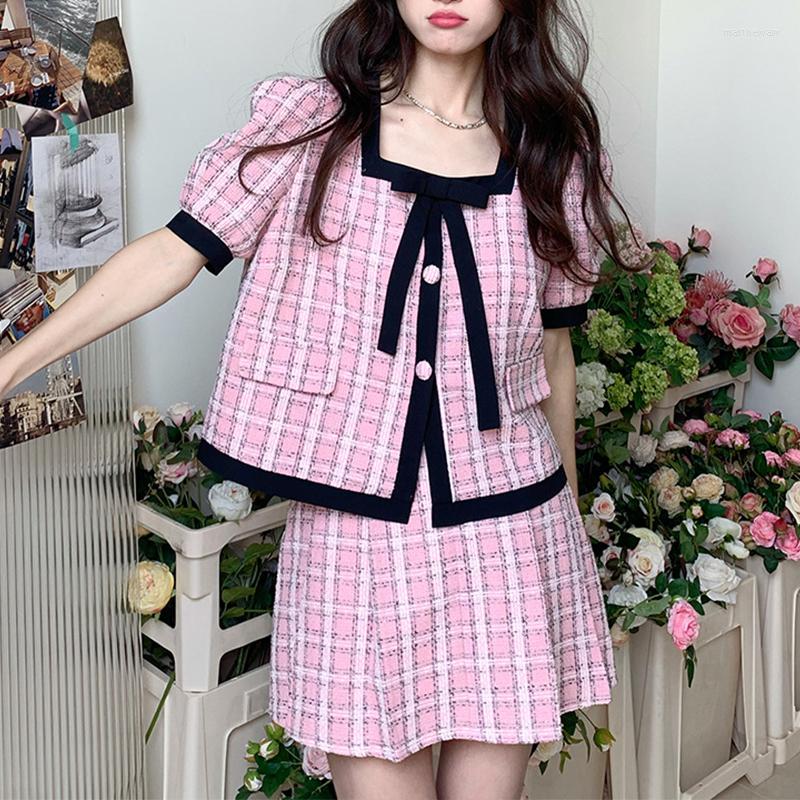 

Two Piece Dress Small Fragrance Summer Plaid Sweet Set Women Korean Kawaii Short Sleev Shirt And Mini Skirt Female Slim Fit Suit, Pink
