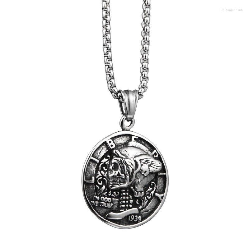 

Pendant Necklaces Gothic Mens Stainless Steel Coin Biker Skull Punk Necklace Men