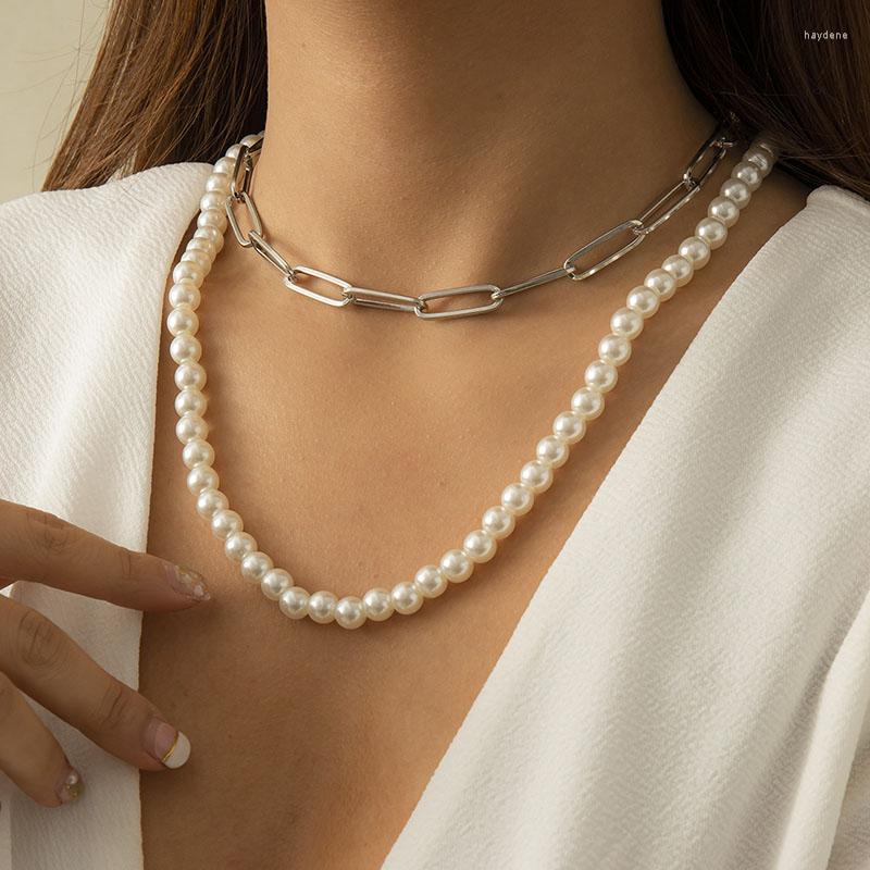 

Chains Vintage Punk Hollow Thick Chain Pearl Necklace For Women Double Layers Geometric Clavicle Colar Choker Jewelry Gift