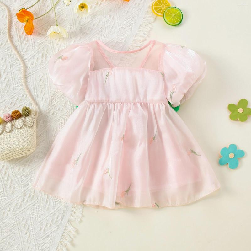 

Girl Dresses Toddler Girls Short Sleeve Floral Embroidery Tulle Dress Dance Party Princess The Old Line Clothes For Kids, Beige