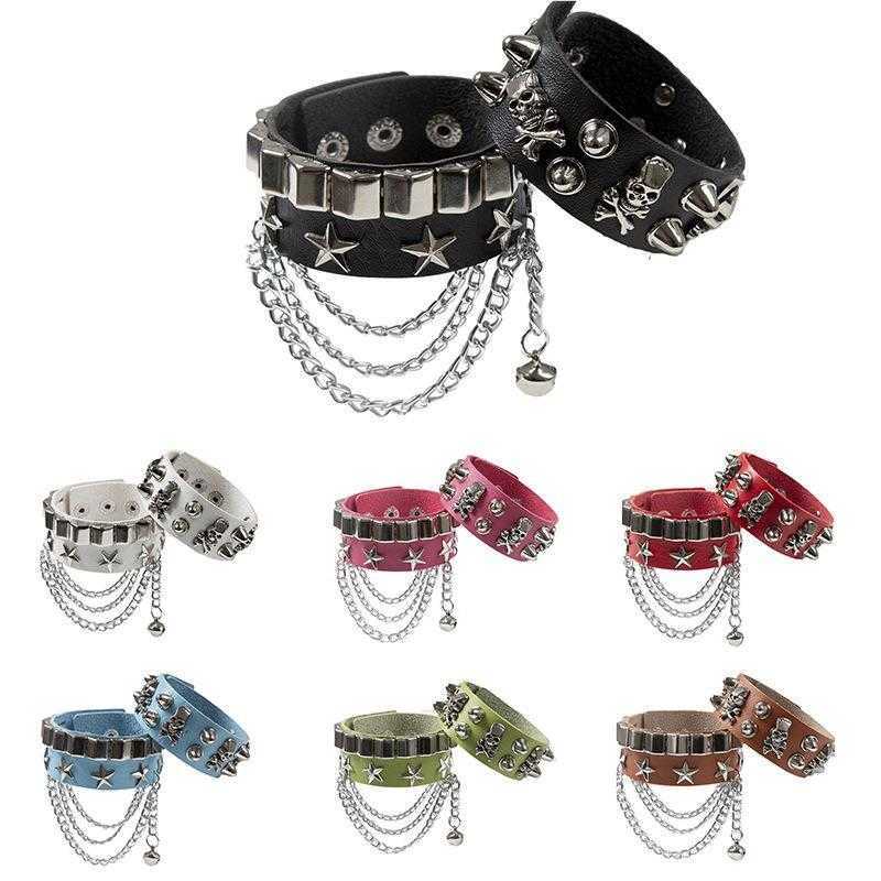 

Punk Wide Leather Skull Bracelet Personality Rivets Pentagram Rock Retro Couple
