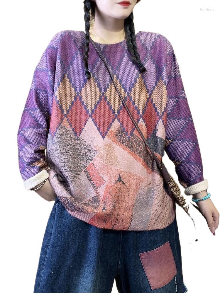 

Women's Sweaters FairyNatural Autumn Winter Ladies Fashion Loose Print Warm Jumpers Women Luxury Retro Sweater Casual Harajuku Knitted, Violet