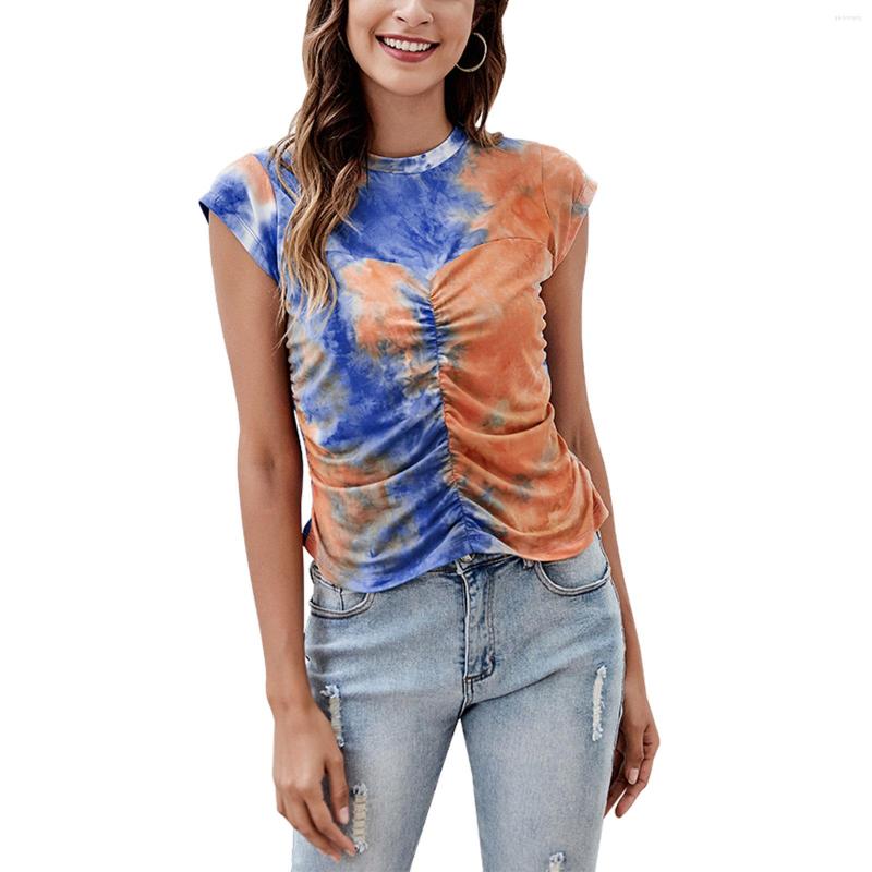 

Women' T Shirts Summer Women Temperament Slim Top Ladies Leisure Style Tie-dye Mixed Color Ruched Decoration Short Sleeve Round Collar, Orange