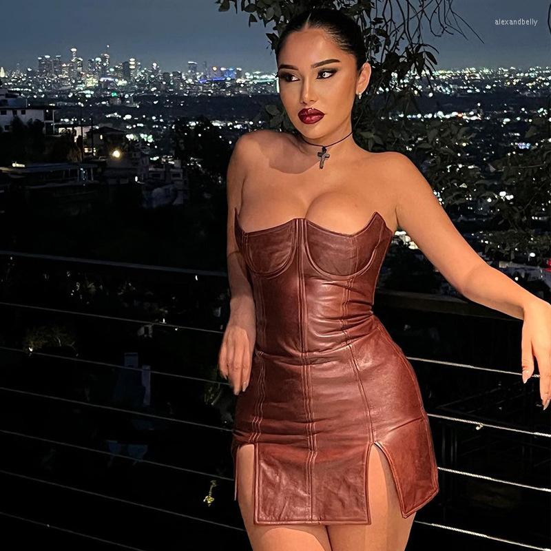 

Casual Dresses PU Leather Off Shoulder Bodycon Dress Fashion Women Sexy Strapless High Waist Corset Halter Slim Fit Cocktail Party Mini, Brown