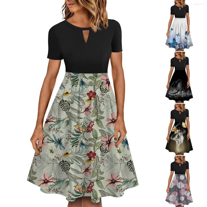 

Casual Dresses Women' Dress Crewneck Hollowed Out Printed Skirt Hem Short-sleeved Summer Vintage Party For Women, Black