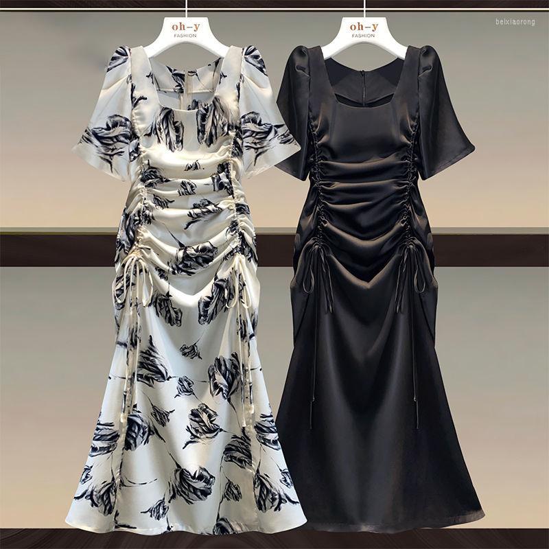 

Party Dresses Oversized Women's Print M-4XL 2023 Summer Square Collar Temperament Drawstring Slim Long Dress Elegant Ladies Clothing, Beige
