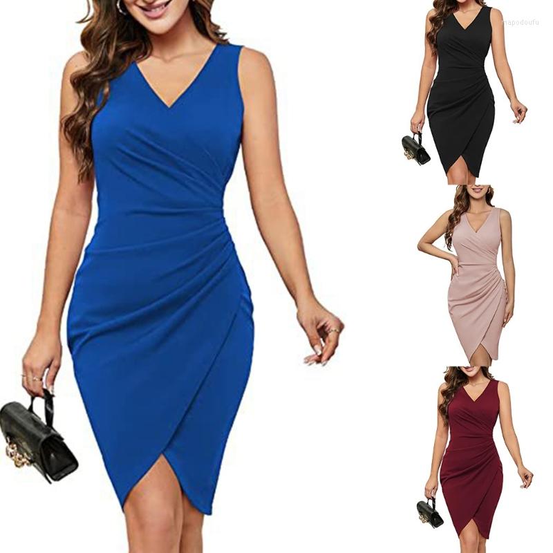 

Casual Dresses Women Cocktail Dress Ruched Pencil Sleeveless Bodycon Work, Wine red