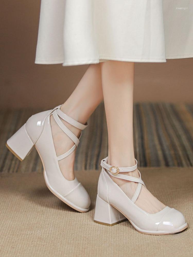 

Dress Shoes 2023 Summer Office Ladies Fashion Elegant Sandals Woman Korean Design Solid Medium Heels Soft Cross Buckle Mary Janes, Apricot