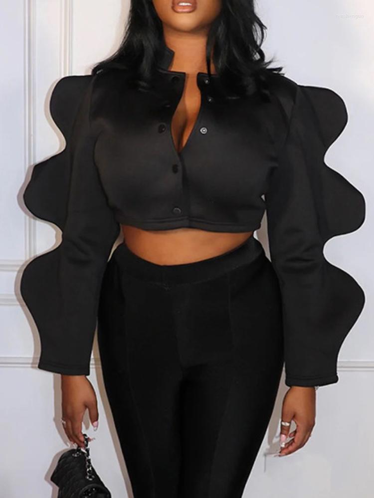 

Women's Blouses Women Black Crop Tops Blouse Shirt Button Up Long Sleeves Ruffles Elegant Casual Fashion Spring Stylish African Large Size