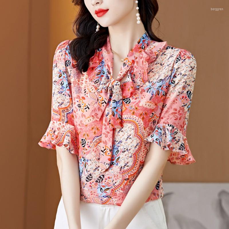 

Women's Blouses Fashion Blouse Women V-Neck Bow Chiffon Short Batwing Sleeve Shirts 2023 Summer Print Tops Floral Clothing, Pink purple