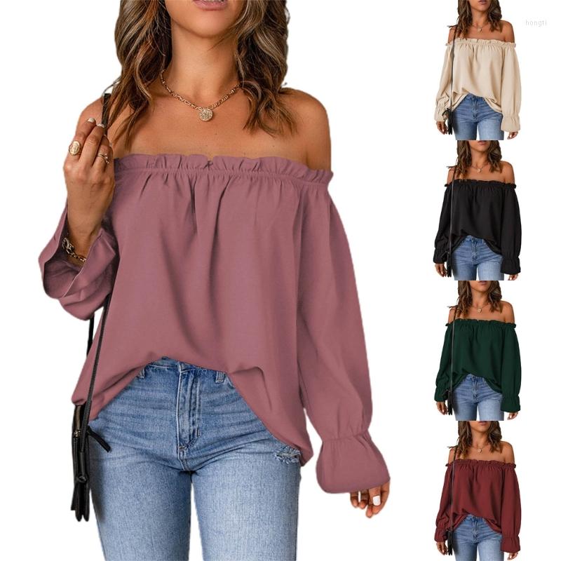 

Women' Blouses Women Spring Fall Flounce Long Sleeve Casual Loose Chiffon Shirts Solid Color Frill Trim Off The Shoulder Top 10CD, Black