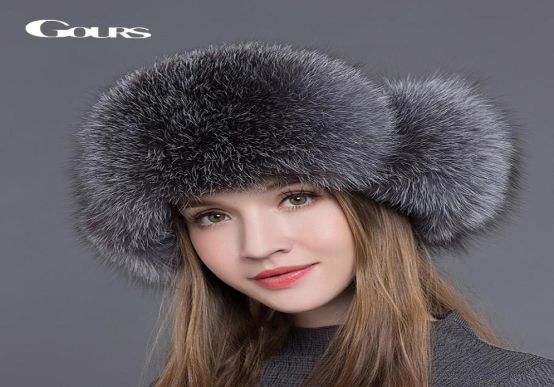 

Gours Fur Hat for Women Natural Raccoon Fox Fur Russian Ushanka Hats Winter Thick Warm Ears Fashion Bomber Cap Black New Arrival L3422620