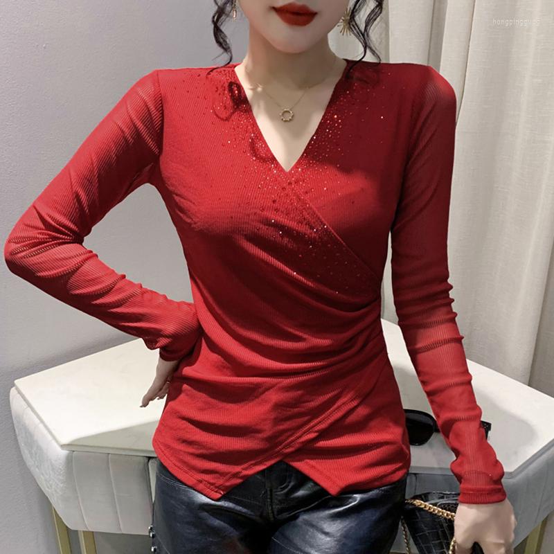 

Women's T Shirts Autumn Winter Women Tops Slim Scalding Cross Shirt V-Neck Long Sleeve Black Casual Mesh Blusa