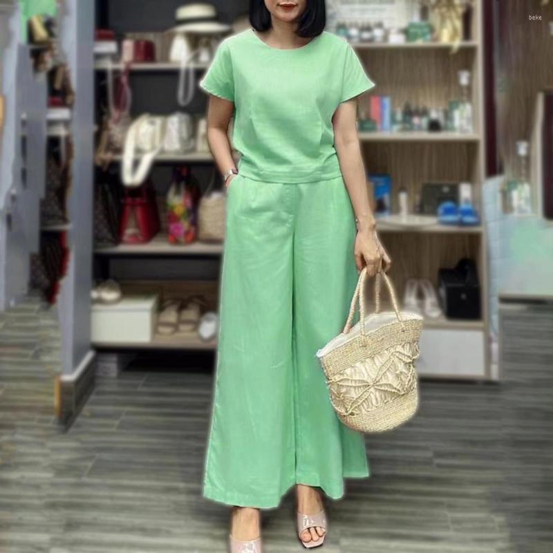 

Women's Two Piece Pants 2Pcs Women Outfit Elastic Waist Loose Short Sleeve Southeast Asian Style Lady Outdoor Top Set Streetwear Clothes, White