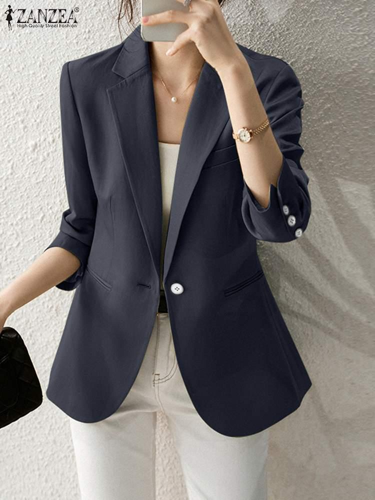 

Pants 2023 Stylish Women Spring Blazer ZANZEA Elegant Women Lapel Neck Long Sleeve Work Suits Casual Thin Outwear Solid OL Coats, Dark blue