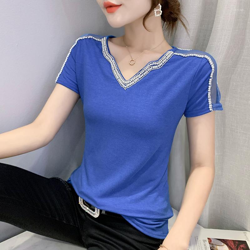 

Women's T Shirts 2023 Summer Short Sleeve Mesh Tops Fashion Casual Beading Clothes Lady Blusas, Black