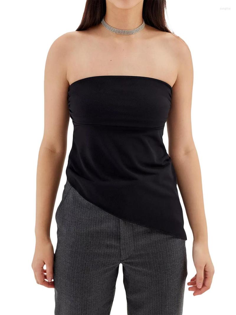 

Women' Tanks Women Strapless Tube Tops Solid Color Off Shouder Irregular Hem Slim Fitted Tank Summer Backless Bandeau, Black