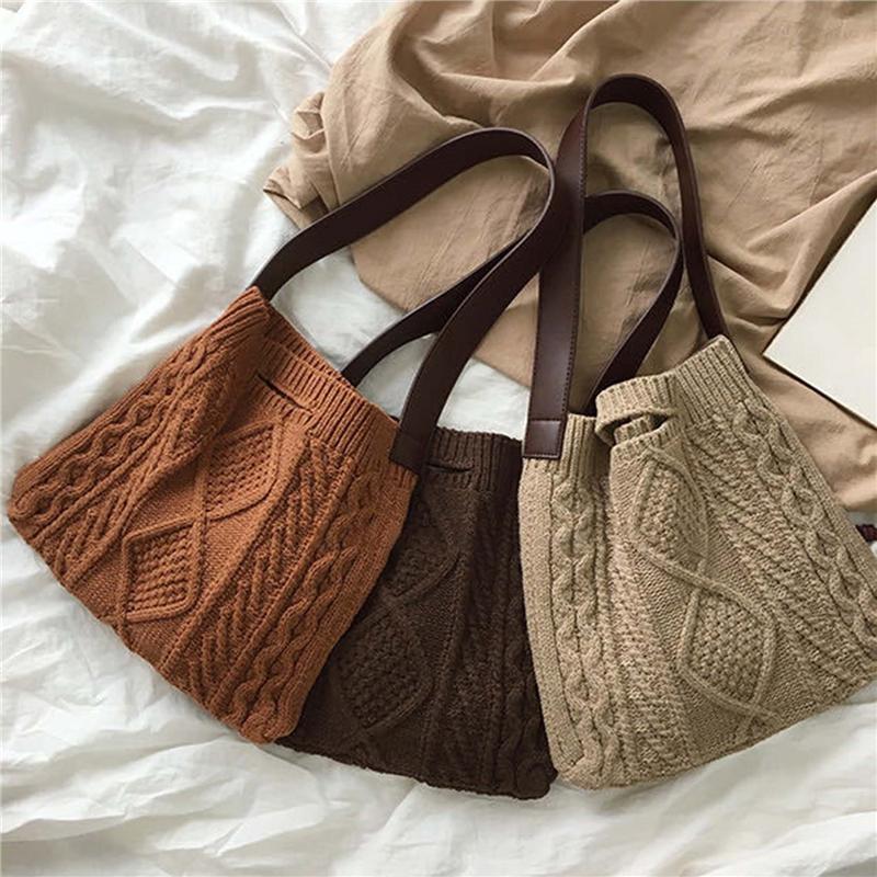 

Evening Bags Female Woolen Knitted Braid Cross Handbag Teenager Crochet Winter Korean Fashion Retro Chic Big Capacity Over Shoulder BagEveni, Khaki