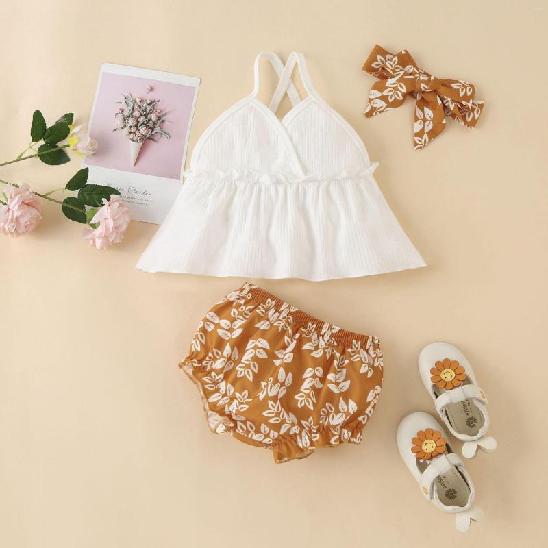 

Clothing Sets 3Pcs Set Europe And US Style Summer Girls' Body Suit Casual Solid Color Suspender Top Printed Short Headband Accessories, Beige