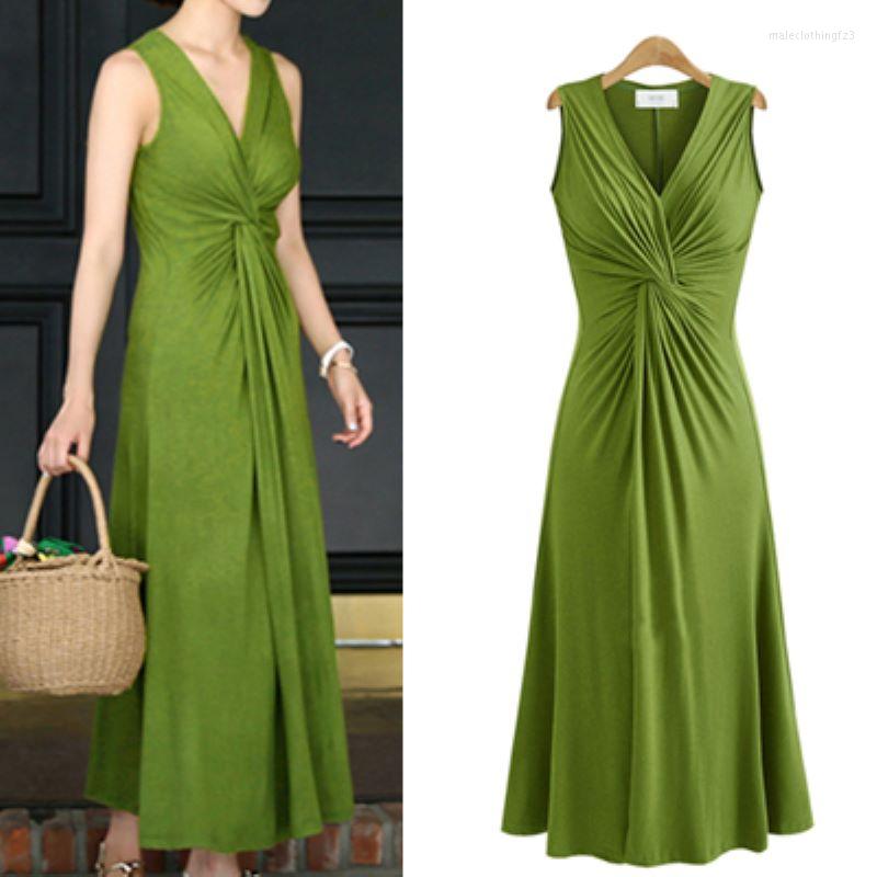 

Casual Dresses 2023 Summer Women's Dress Is Slim Waist Closed And Sleeveless Skims With Large Hem, Army green
