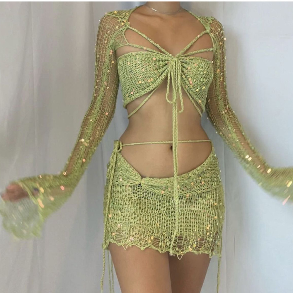 

Two Piece Dress Knit Sequin 2 Set Crochet Knitted Skirt Sets Summer Women Clothes Sexy Crop Tops Elegant Outfit 230509, Blue
