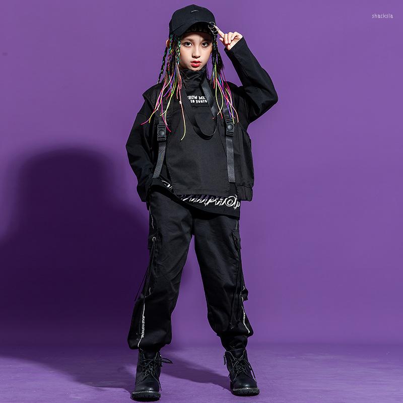 

Stage Wear Kid Hip Hop Clothing Shirt Top Sleeveless Jacket Vest Streetwear Jogger Tactical Cargo Pants For Girl Boy Dance Costume Clothes, Black tee top
