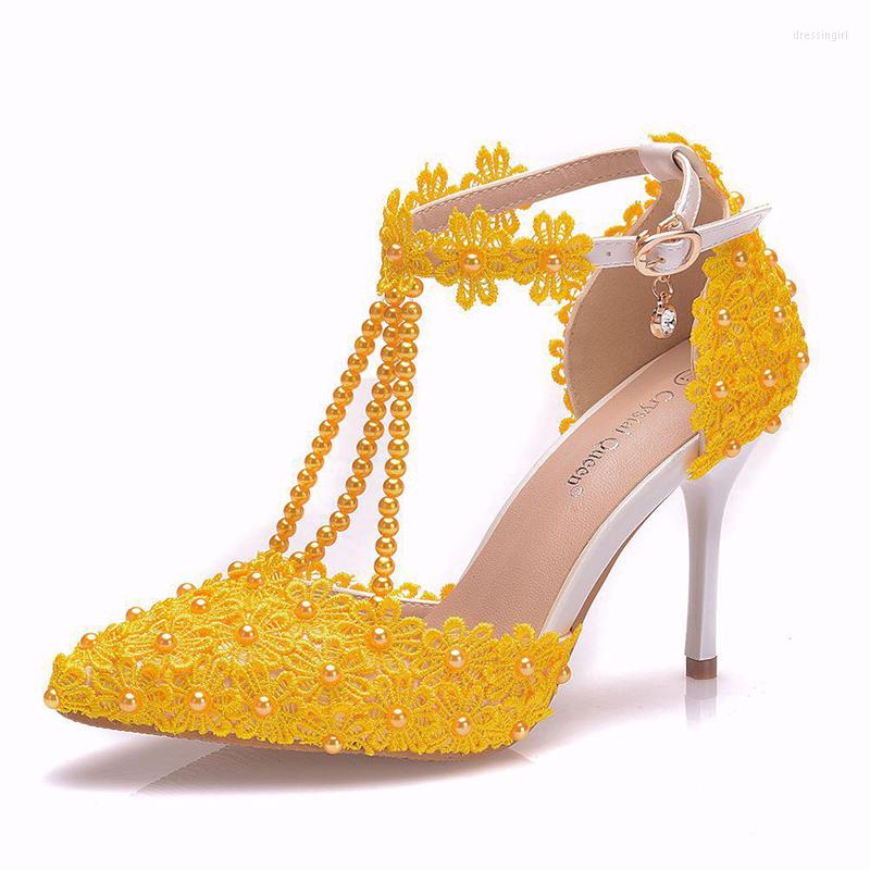 

Dress Shoes High Heel 9cm Yellow Lace Flower Elegent Wedding Party Pumps Pointed Toe Ankle Strap Ladies Ceremony Shoe, Yellow 9cm