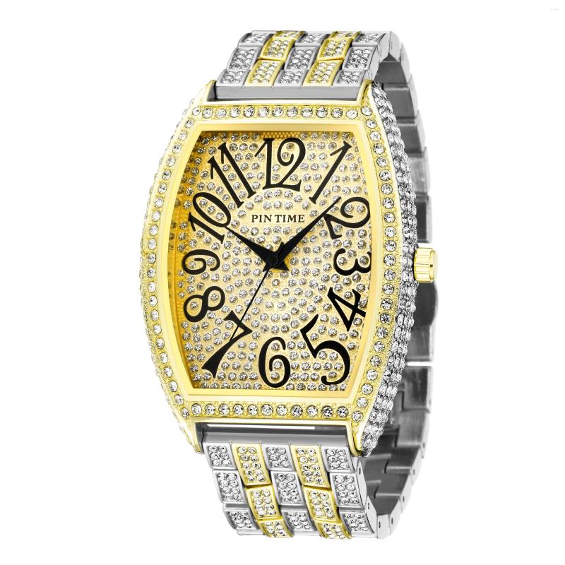 

Wristwatches PINTIME Men Watch Iced Out Diamond Big Dia Barrel-Shaped Dial Hip Hop Relogios Fashion Quartz Wristwatch Waterproof Reloj, Gold