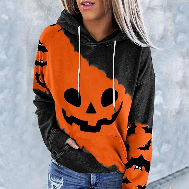 

Women' Hoodies Extra Small Hoodie Women Halloween Costumes For Casual Long Sleeve Hooded Loose Drawstring Pumpkin Skeleton, Black