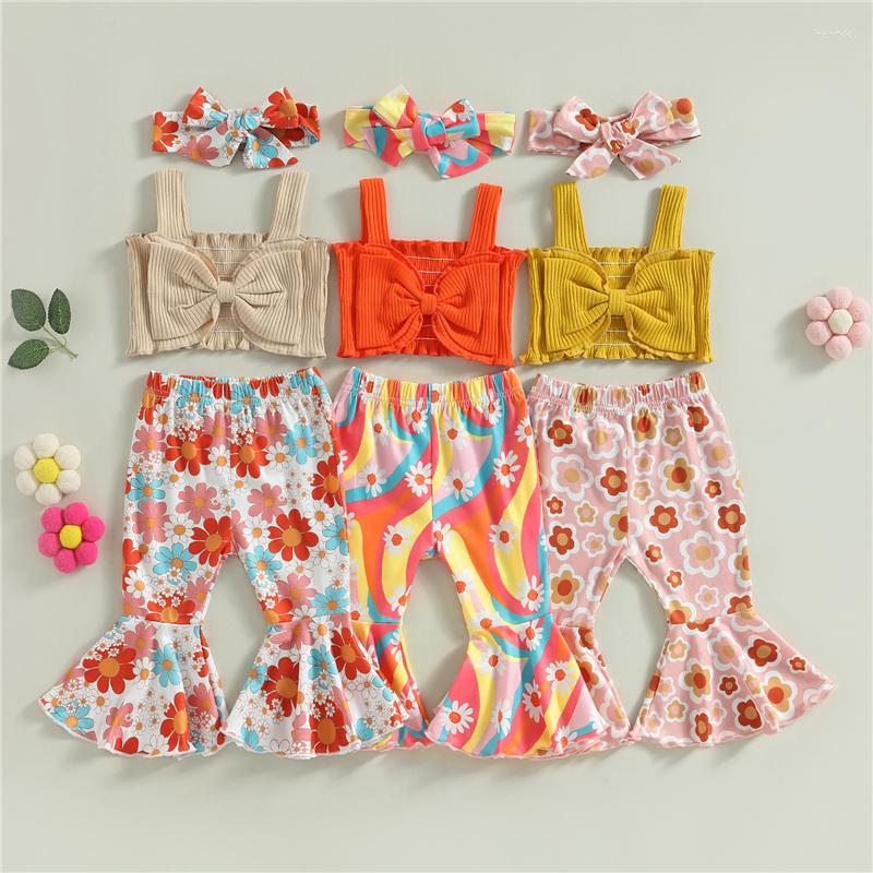 

Clothing Sets Fashion Born Baby Girl Clothes Set Sleeveless Bow Front Tops Floral Bell Bottoms Headband Infant 3Pcs Outfits, Beige