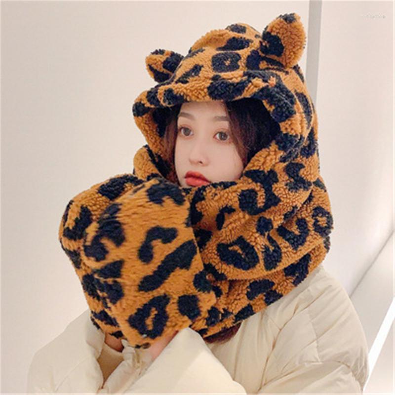 

Berets Design Cute Leopard Print Hat And Gloves Scarf With Ears Warm Soft Faux Fur Autumn Winter Funny Personality Trend Caual, Khaki