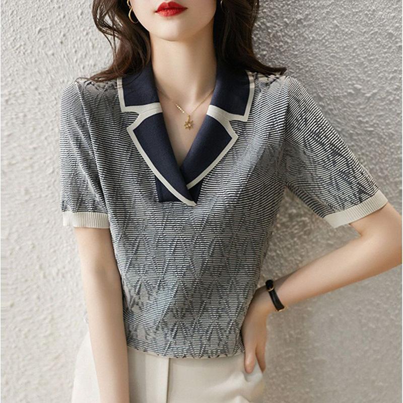 

Women's Blouses Fashion Loose Knitted Spliced Printed Korean Blouse Women's Clothing 2023 Summer Casual Pullovers Short Sleeve Commute, Gray