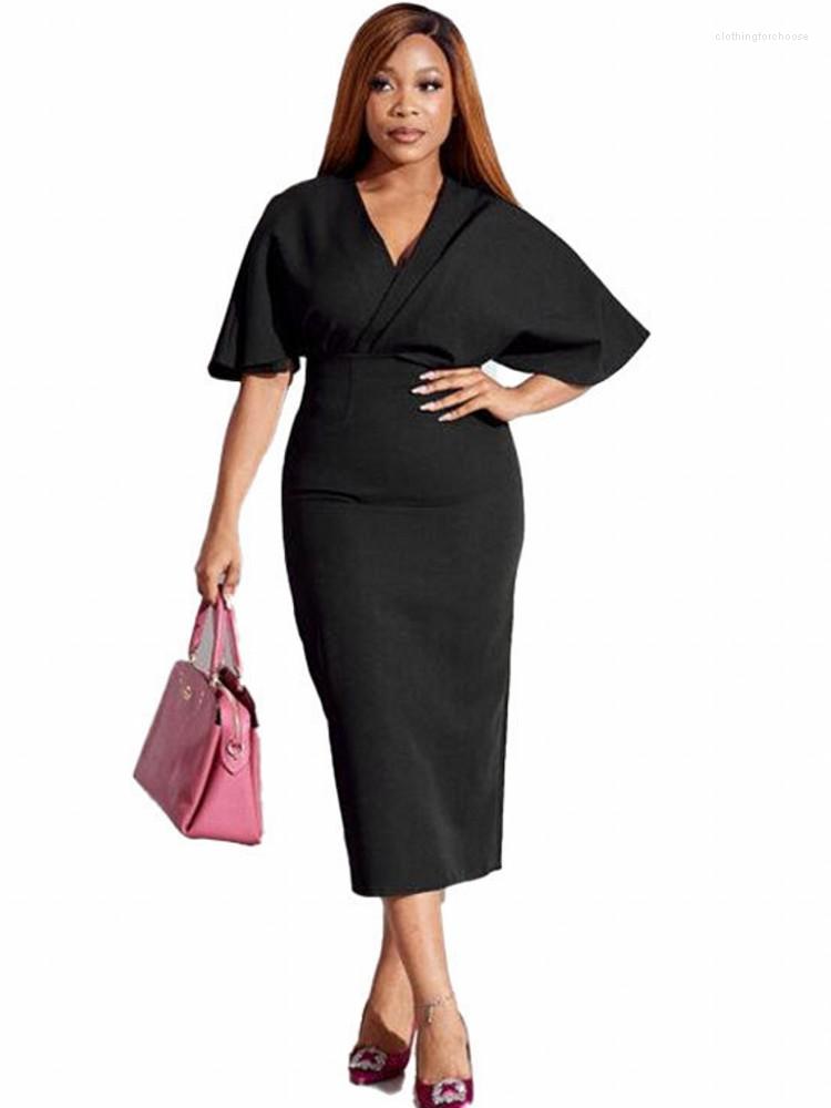 

Casual Dresses Big Size Elegant Fashion Women Midi Dress Spring Summer Solid Color Ladies Clothes V Neck Sexy Half Sleeve Office Robe, Orange