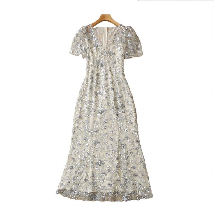 

326 XXL 2023 Spring Flora Print Dress V Neck Sleeveless Sequins Mid Calf Polyester Panelld DRess Luxury Fashion Prom Womens Clothes SH, Customize