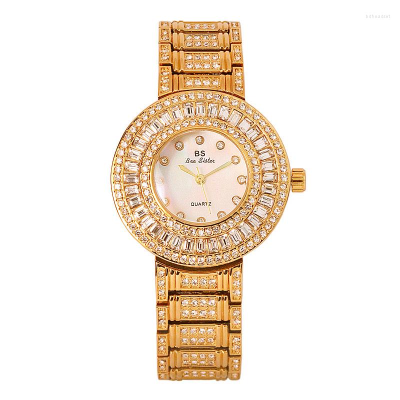 

Wristwatches Fashion Luxury Gold Women Watches Diamond Crystal Ladies Quartz Wrist Watch Steel Bracelet Date Clock Female