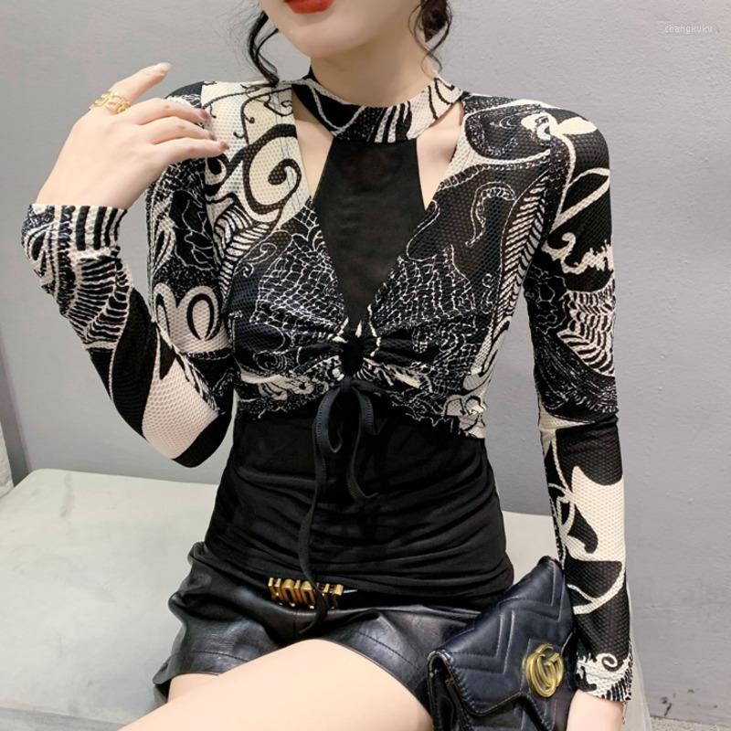 

Women's T Shirts Spring Summer False Two Piece Shirt Women Hollow Out Print Mesh Long Sleeve Sexy Tight Streetwear Tee, Spray