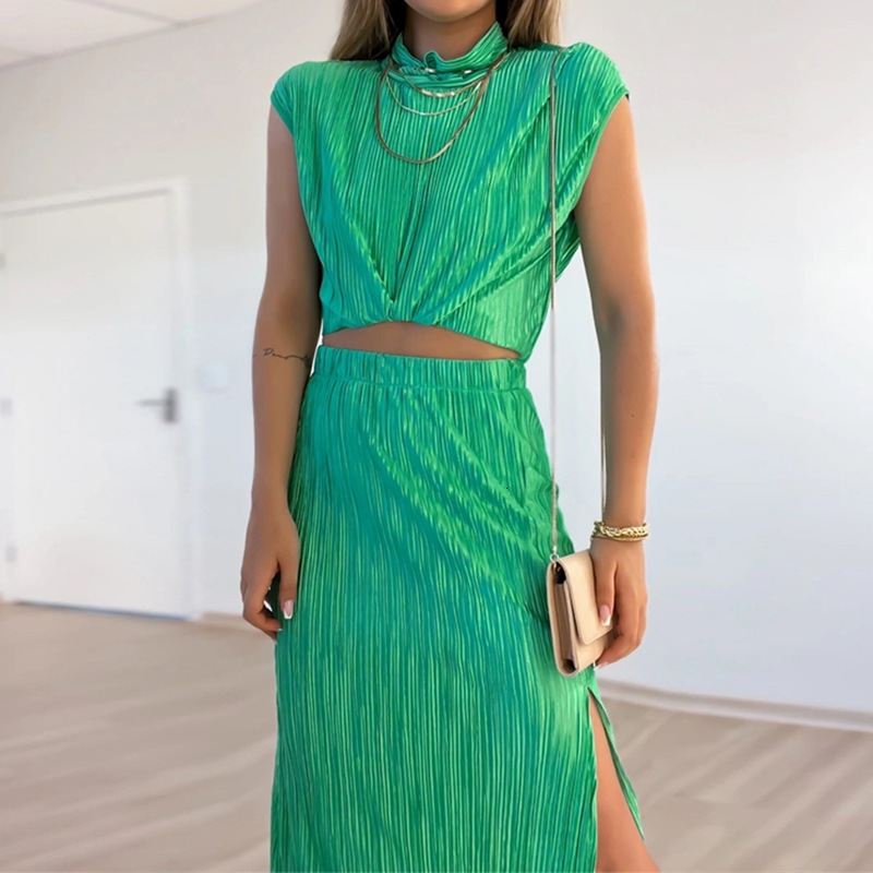 

Two Piece Dress Pant Set's 2023 Solid Color Pleated Half High Neck Short Shirt Waist Split Mid Length Skirt Set of 230508, Light green