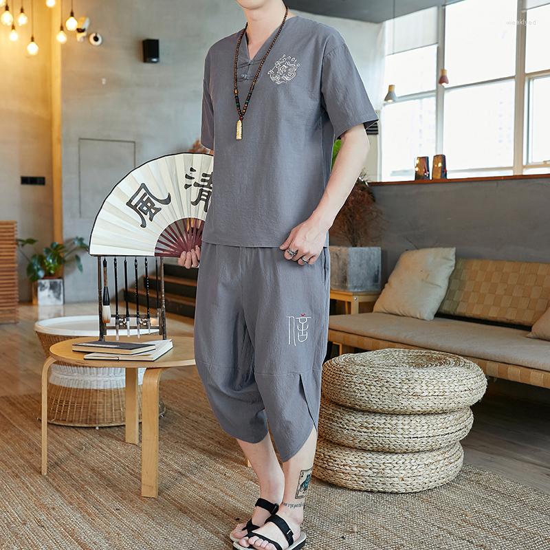 

Men's Tracksuits Arrival Summer Men's Cotton And Linen Short Sleeve T-shirt Calf-Length Pant Set Solid Shirt Trousers Home Suit Male, 3b