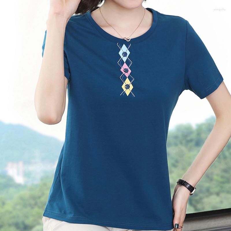 

Women's T Shirts Geometric Print Shirt Women Button T-Shirts Summer Tops Cotton Tshirt Korean Style Woman Clothes Tee Femme Poleras Mujer, Peacock blue
