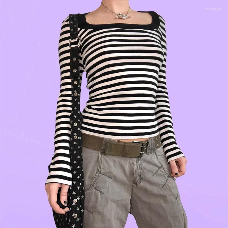 

Women' T Shirts Goblincore Shirt For Women Y2k Aesthetic Grunge Tees 90s Vintage Long Sleeve Cottagecore Stripe Crop Top Tee Streetwear, Black