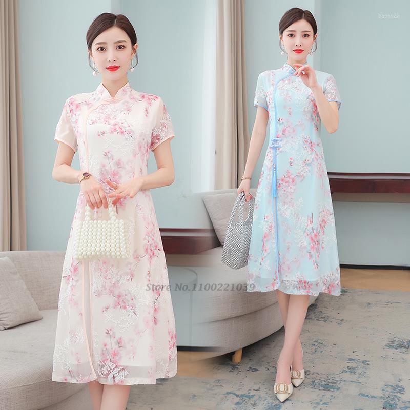 

Ethnic Clothing 2023 Chinese Improved Qipao Dress Vintage Cheongsam National Flower Print Lace Chiffon Oriental Evening Vestido