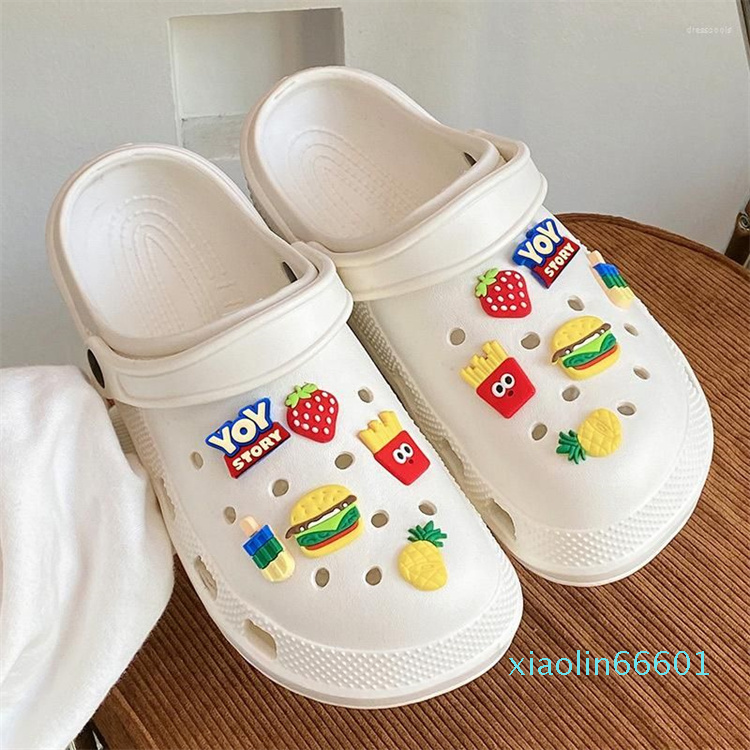 

Slippers 2023 Fries Burger Decal Women's Thick-soled Hole Diy Shoes Summer High-heeled For Women Beach Sandals, Unicorn black
