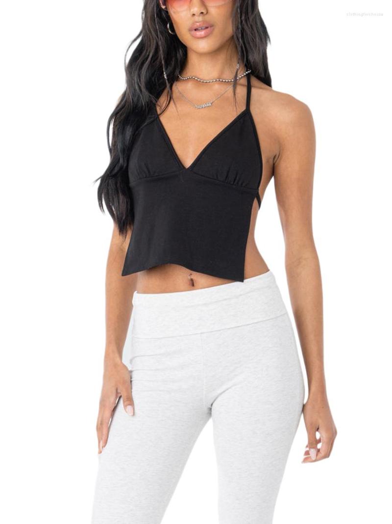 

Women' Tanks Women  Summer Mini Sling Vest Solid Color Sleeveless V Neck Backless Bandage Crop Tops, Black