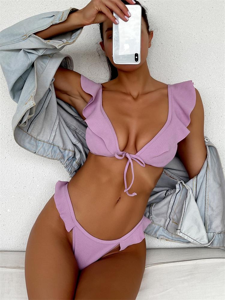 

Women' Swimwear Bikini Sexy Women Swimsuit 2023 Solid Ruffle Sling Bikinis Set Thong Ribbed Summer Beach Wear Bathing Suit Female, Purple