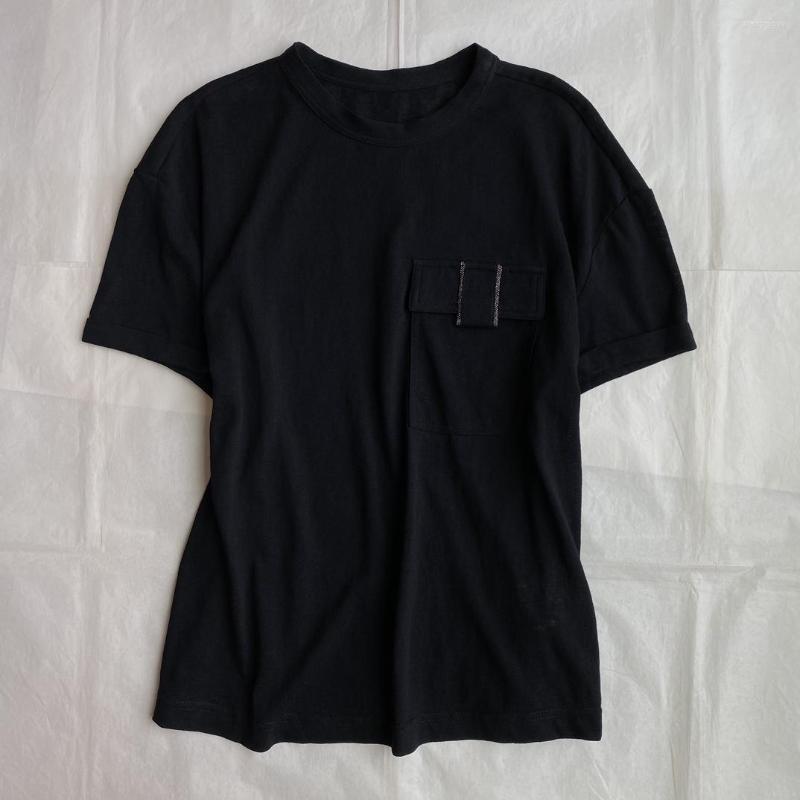 

Women' T Shirts Summer Black Short Sleeve Silk Fabric All Hand Beaded